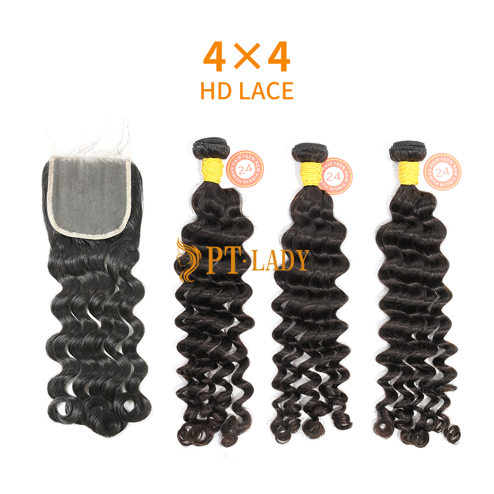 HD Lace Raw Human Hair Bundle with 4×4 Closure Deep Wave