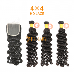 HD Lace Raw Human Hair Bundle with 4×4 Closure Deep Wave