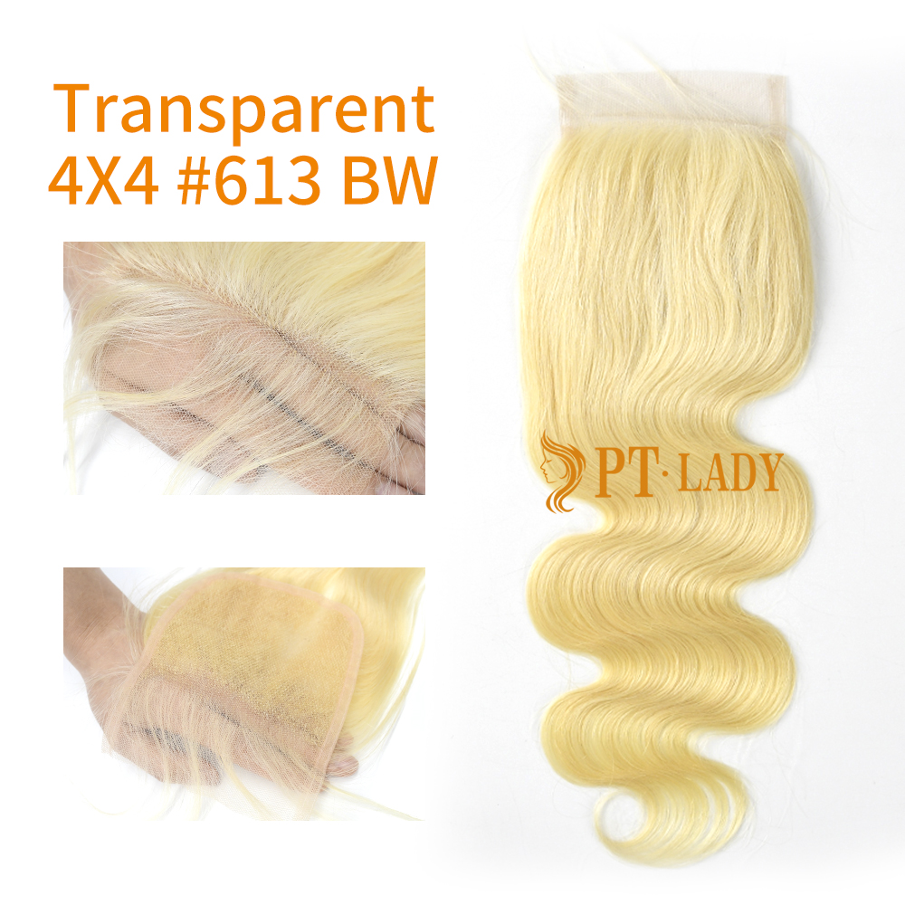 Blonde #613 European Raw Human Hair Transparent 4X4 Lace Closure Body Wave