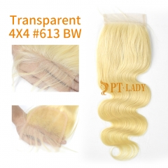 Blonde #613 European Raw Human Hair Transparent 4X4 Lace Closure Body Wave