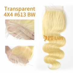 Blonde #613 European Virgin Human Hair Transparent 4X4 Lace Closure Body Wave