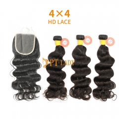 HD Lace Raw Human Hair Bundle with 4×4 Closure Ocean Wave