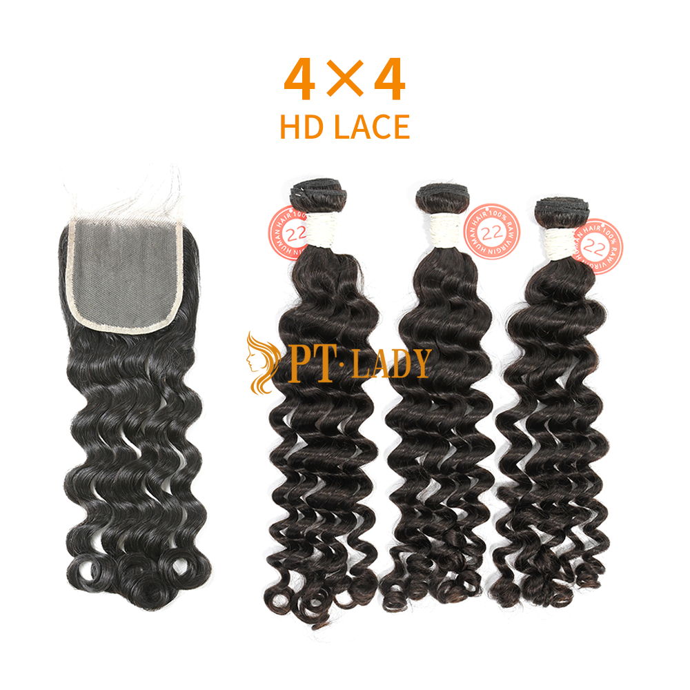 HD Lace Virgin Human Hair Bundle with 4×4 Closure Deep Wave