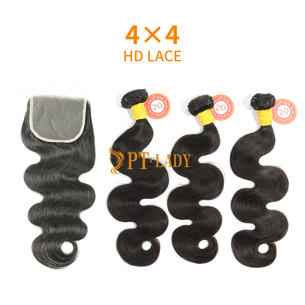 HD Lace Raw Human Hair Bundle with 4×4 Closure Body Wave