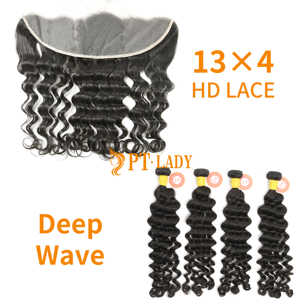 HD Lace Raw Human Hair Bundle with 13×4 Frontal Deep Wave