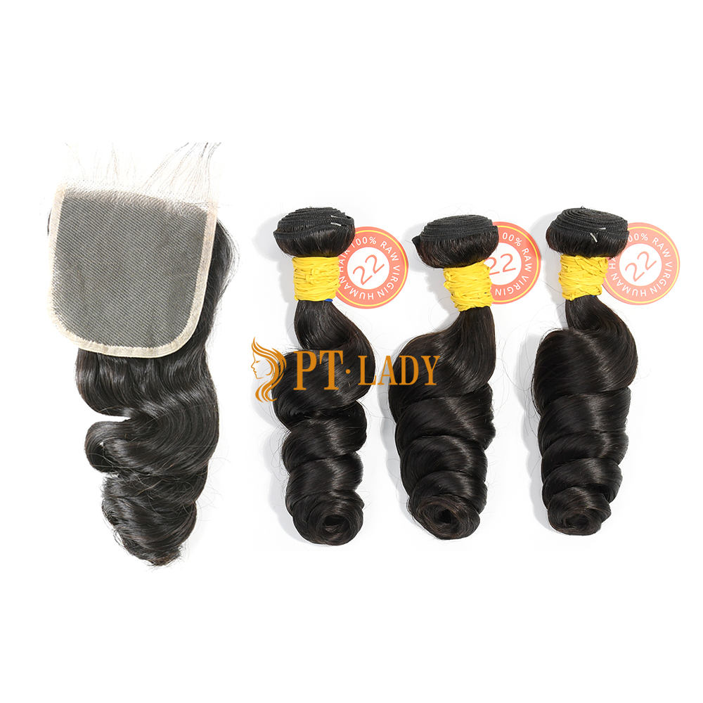 #1b Brazilian Raw Human Hair Weft with 4x4 Closure Loose Wave