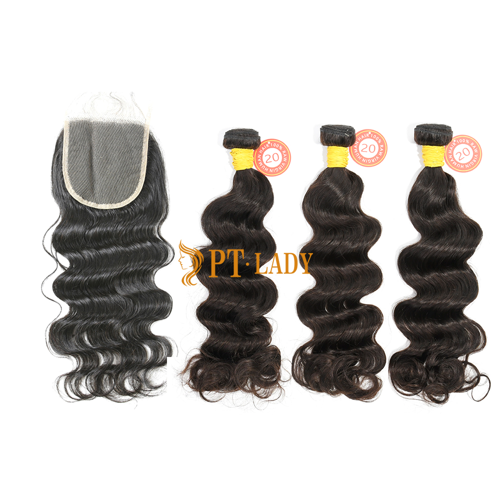 #1b Brazilian Raw Human Hair Weft with 4x4 Closure Ocean Wave