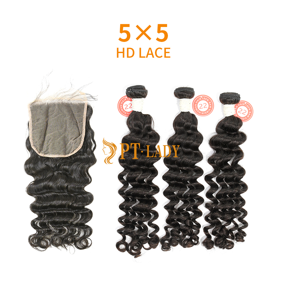 HD Lace Virgin Human Hair Bundle with 5X5 Closure Deep Wave