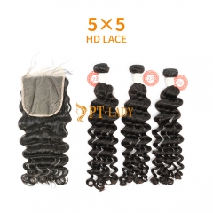 HD Lace Virgin Human Hair Bundle with 5X5 Closure Deep Wave