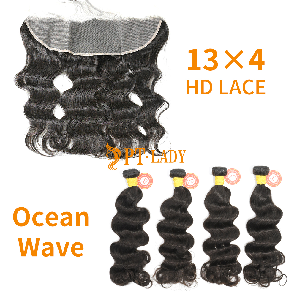 HD Lace Raw Human Hair Bundle with 13×4 Frontal Ocean Wave