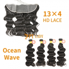 HD Lace Raw Human Hair Bundle with 13×4 Frontal Ocean Wave