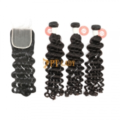 #1b Brazilian Virgin Human Hair Weft with 4x4 Closure Deep Wave