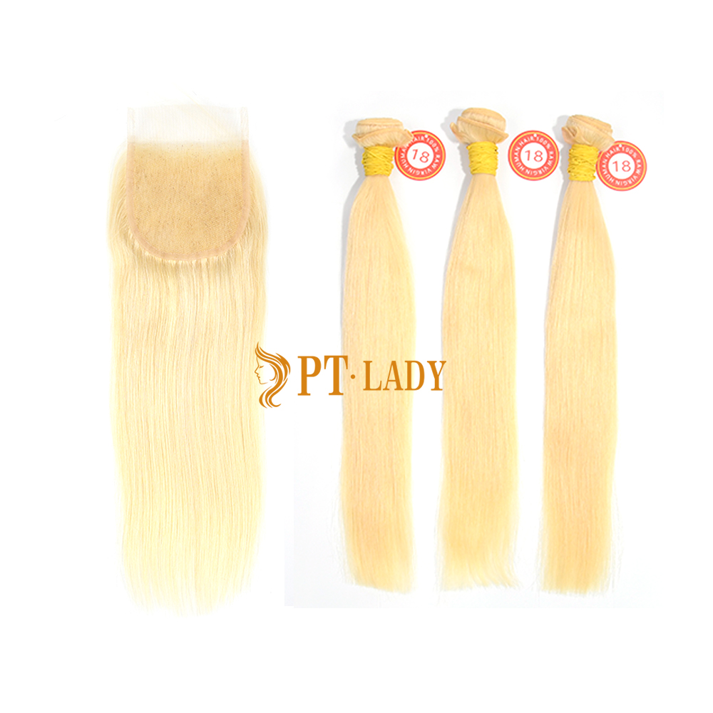 Blonde #613 European Raw Human Hair 4X4 Lace Closure With Hair Weft Straight