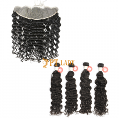 #1b Brazilian Virgin Human Hair Bundle with 13X4 Frontal Indian Curly