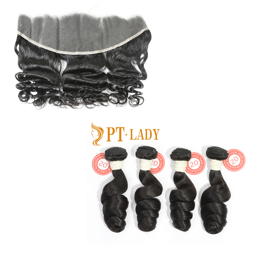 #1b Brazilian Virgin Human Hair Weft with 13x4 Frontal Loose Wave