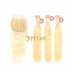 Blonde #613 European Virgin Human Hair 5×5 Lace Closure With Hair Weft Straight