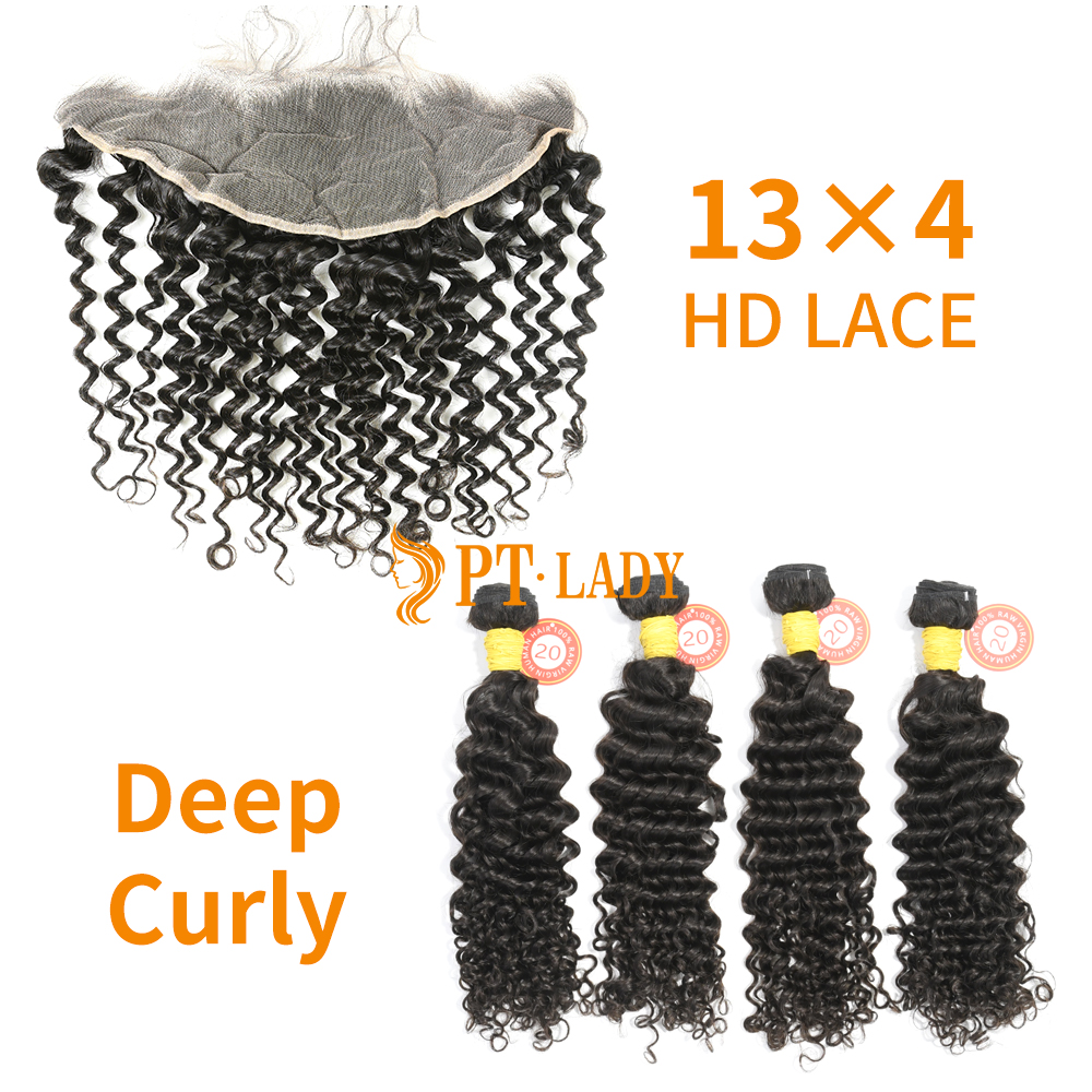 HD Lace Raw Human Hair Bundle with 13×4 Frontal Deep Curly