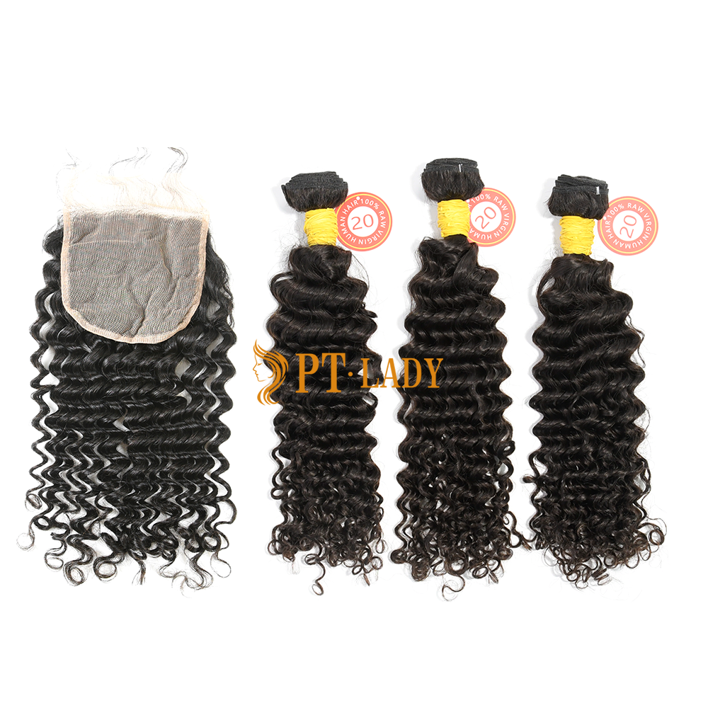 #1b Brazilian Raw Human Hair Weft with 5×5 Closure Deep Curly