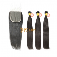 #1b Brazilian Raw Human Hair Weft with 5×5 Closure Straight