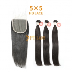 HD Lace Virgin Human Hair Bundle with 5X5 Closure Straight