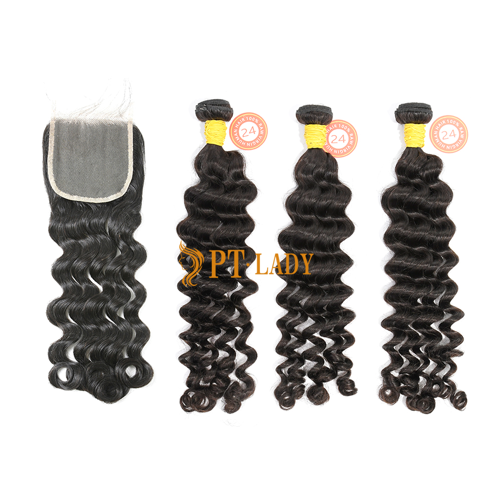 #1b Brazilian Raw Human Hair Weft with 4x4 Closure Deep Wave