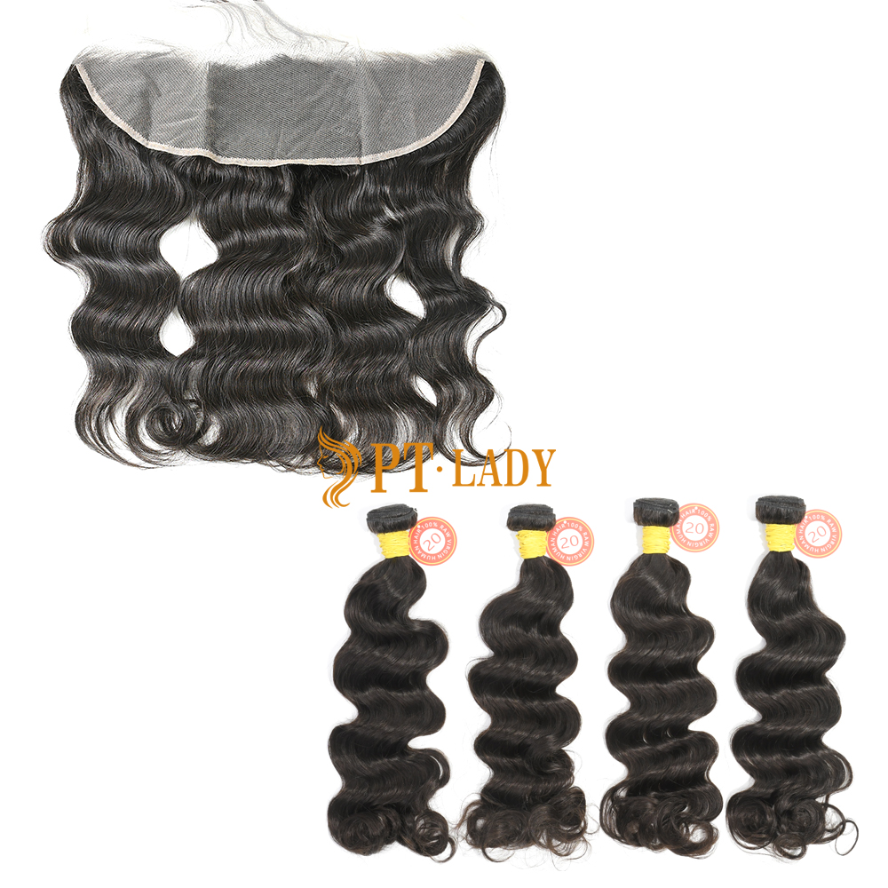 #1b Brazilian Raw Human Hair Weft with 13×4 Frontal Ocean Wave