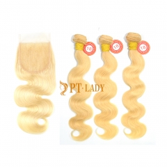 Blonde #613 European Raw Human Hair 4X4 Lace Closure With Hair Weft Body Wave