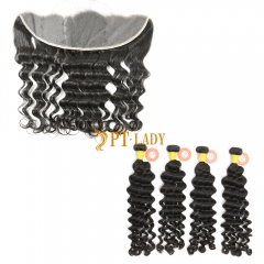 #1b Brazilian Raw Human Hair Weft with 13×4 Frontal Deep Wave