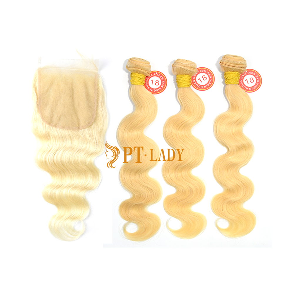 Blonde #613 European Raw Human Hair 5×5 Lace Closure With Hair Weft Body Wave