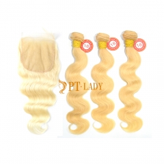 Blonde #613 European Raw Human Hair 5×5 Lace Closure With Hair Weft Body Wave