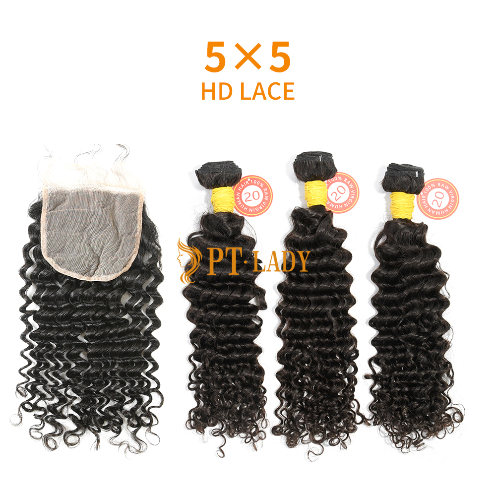 HD Lace Raw Human Hair Bundle with 5×5 Closure Deep Curly