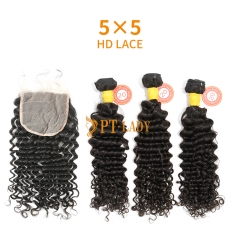 HD Lace Raw Human Hair Bundle with 5×5 Closure Deep Curly