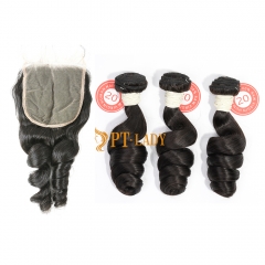 #1b Brazilian Virgin Human Hair Weft with 5×5 Closure Loose Wave