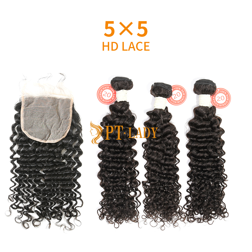 HD Lace Virgin Human Hair Bundle with 5X5 Closure Deep Curly