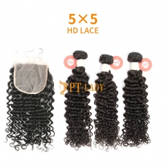 HD Lace Virgin Human Hair Bundle with 5X5 Closure Deep Curly