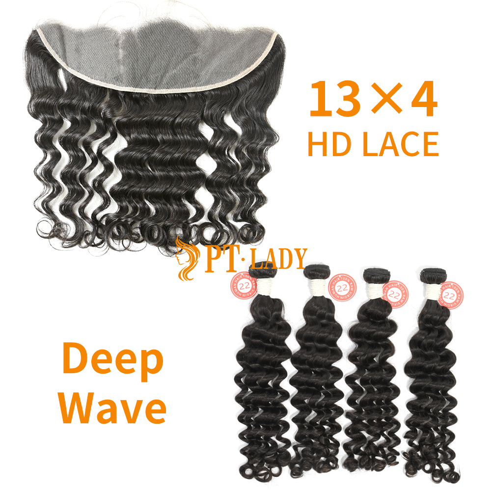 HD Lace Virgin Human Hair Bundle with 13×4 Frontal Deep Wave