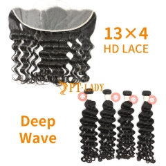 HD Lace Virgin Human Hair Bundle with 13×4 Frontal Deep Wave