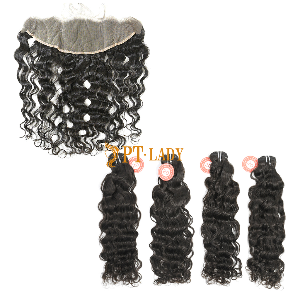 #1b Brazilian Virgin Human Hair Bundle with 13X4 Frontal Indian wave