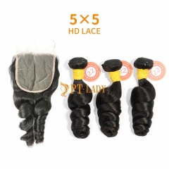 HD Lace Raw Human Hair Bundle with 5×5 Closure Loose Wave