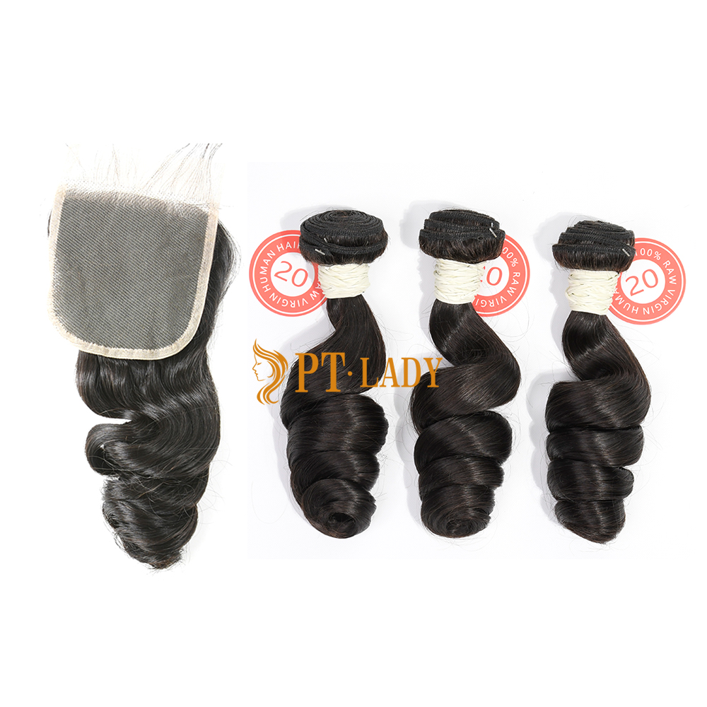 #1b Brazilian Virgin Human Hair Weft with 4x4 Closure Loose Wave