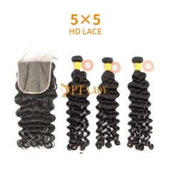 HD Lace Raw Human Hair Bundle with 5×5 Closure Deep Wave