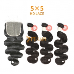 HD Lace Virgin Human Hair Bundle with 5X5 Closure Body Wave