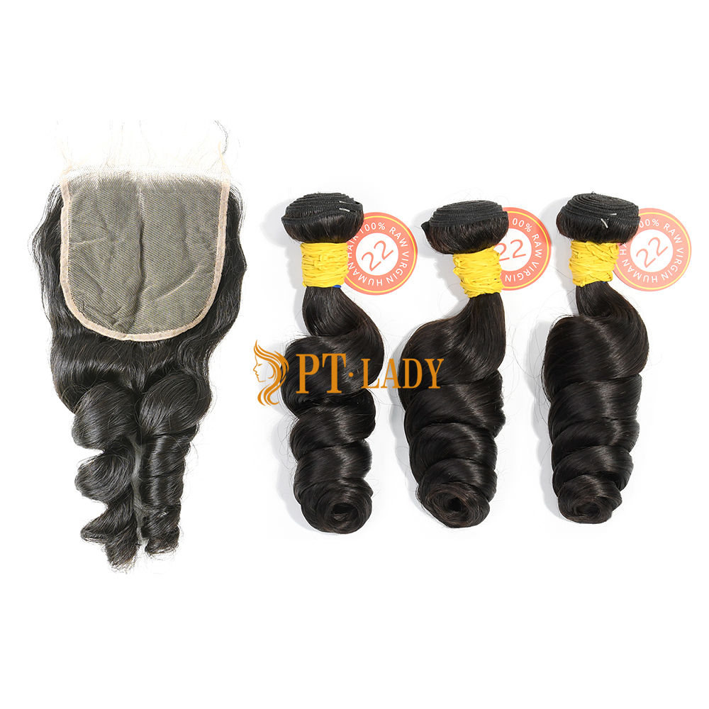 #1b Brazilian Raw Human Hair Weft with 5×5 Closure Loose Wave