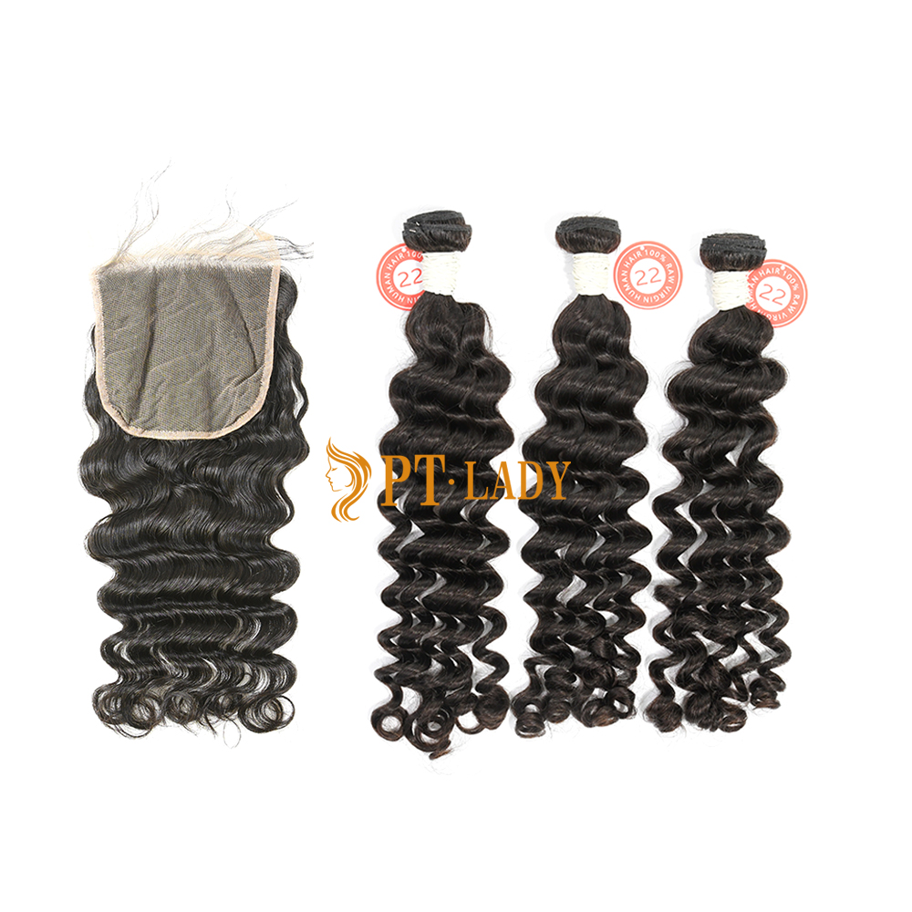 #1b Brazilian Virgin Human Hair Weft with 5×5 Closure Deep Wave