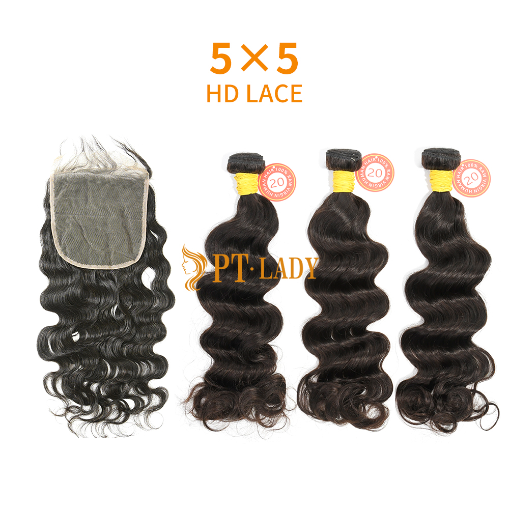 HD Lace Raw Human Hair Bundle with 5×5 Closure Ocean Wave