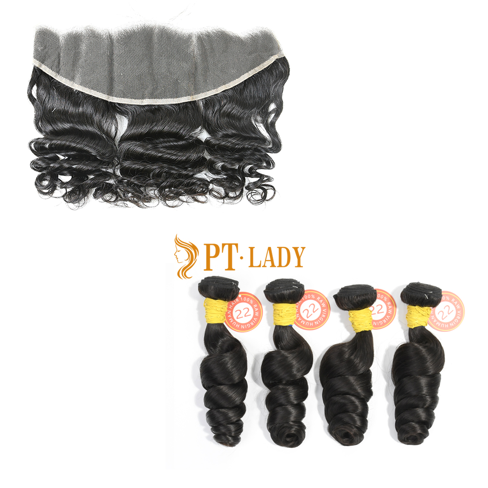 #1b Brazilian Raw Human Hair Weft with 13×4 Frontal Loose Wave