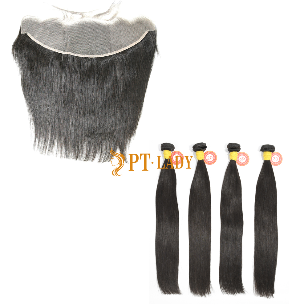 #1b Brazilian Raw Human Hair Weft with 13×4 Frontal Straight