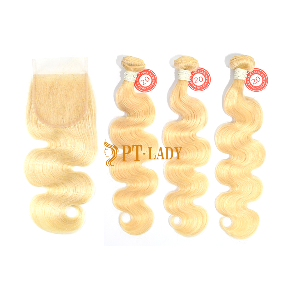 Blonde #613 European Virgin Human Hair 4X4 Lace Closure With Hair Weft Body Wave