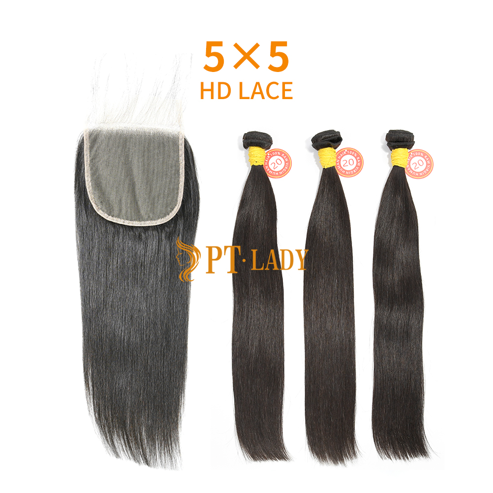 HD Lace Raw Human Hair Bundle with 5×5 Closure Straight