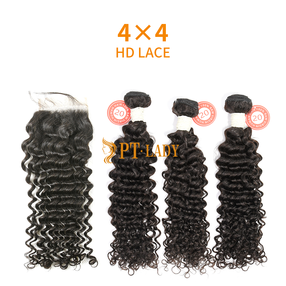 HD Lace Virgin Human Hair Bundle with 4×4 Closure Deep Curly